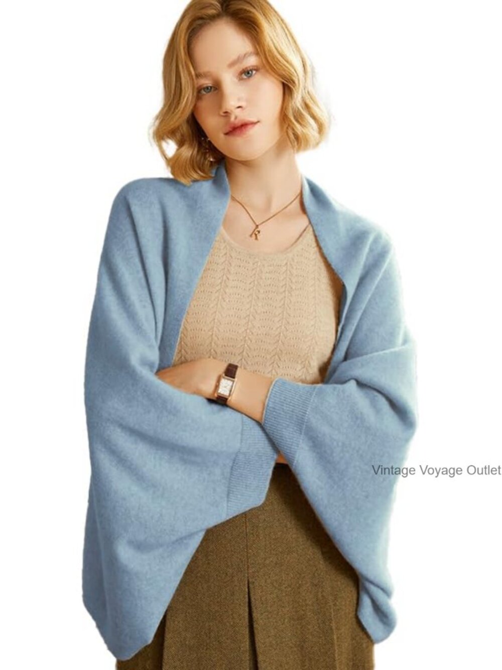 Women's Knitted Open Front Poncho Shawl Wrap with Sleeves Lightweight Warm